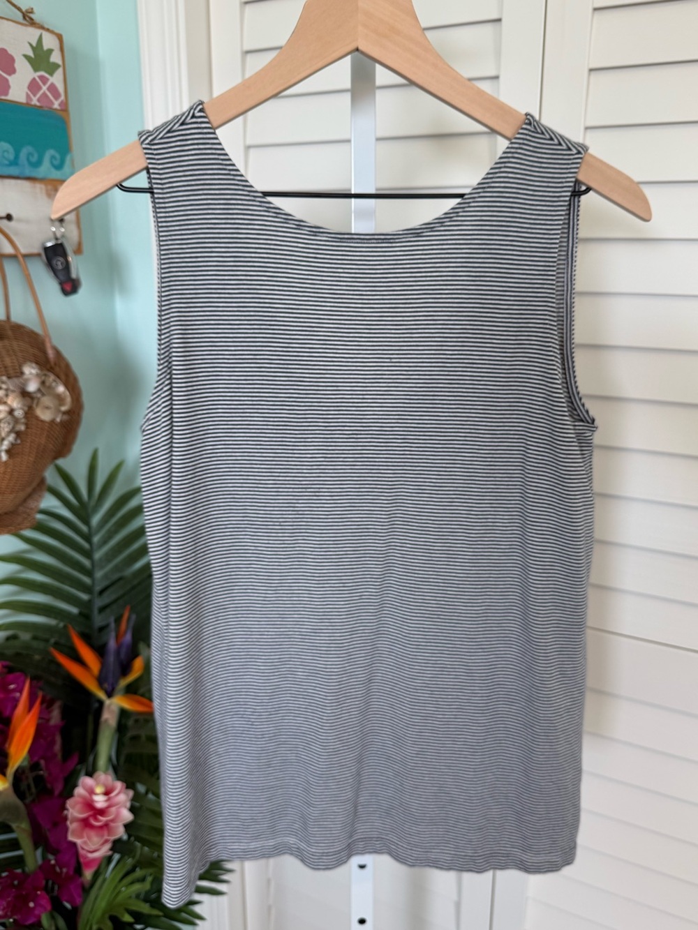 LOFT Black and White Stripe Sleeveless Tank With Ties on Back